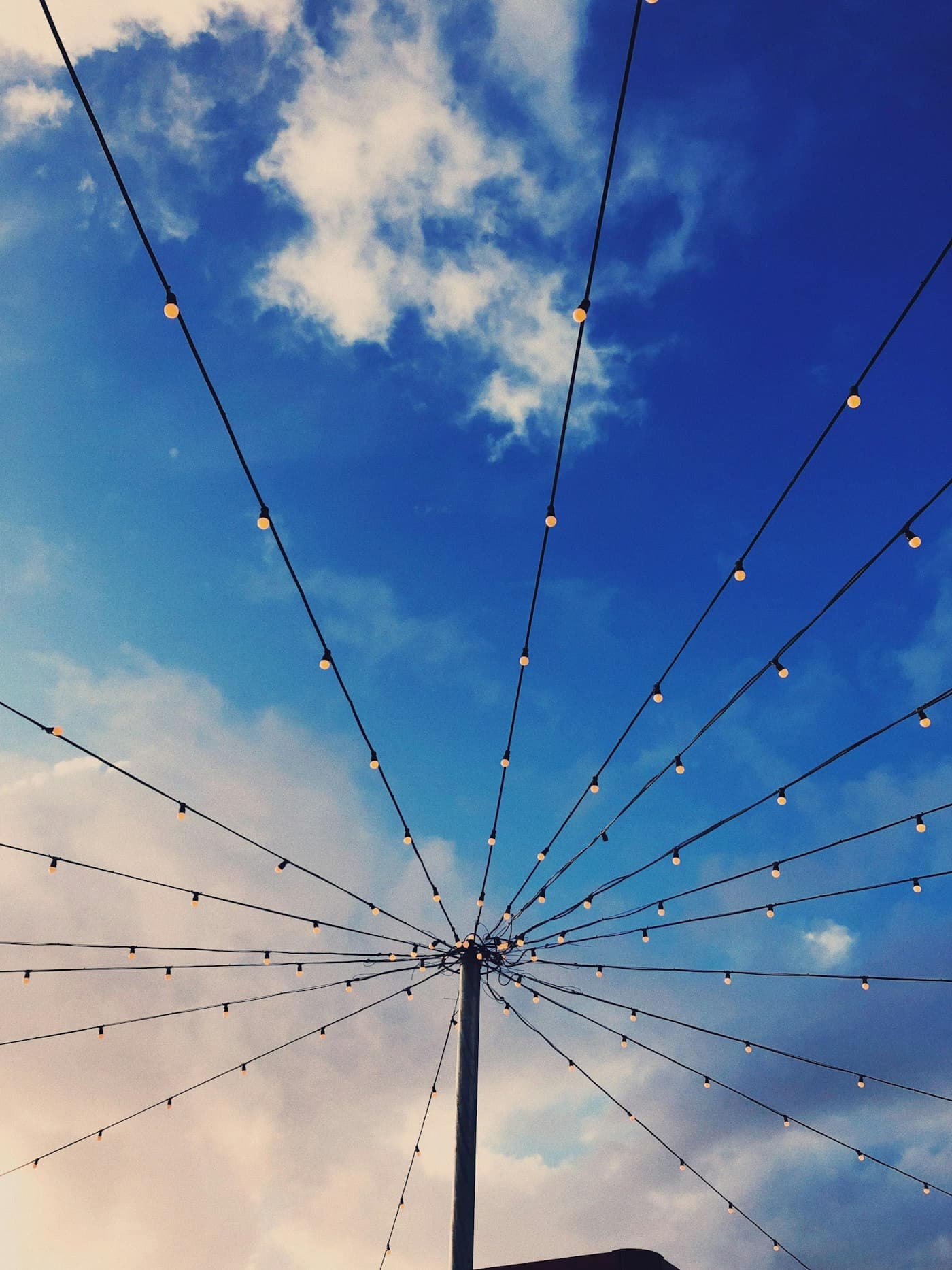 Series de luces colgadas sobre el jardín contra el cielo azul